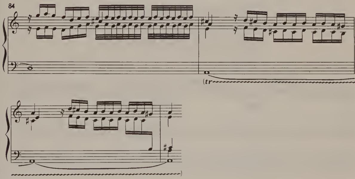Ex. 16.1. Prelude in A minor, BWV 551, bars 84–7；With regard to trills that are not written out, O&rsquo;Donnell rightly notes that they should be played in a manner resembling the ones that are written out. He adduces as examples the Chromatic Fantasia and Fugue, BWV 903, bar 59; Toccata in E minor, BWV 914, bar 15 and similar passages; and Prelude and Fugue in A minor, BWV 551, bar 10. Instances of this kind show that the seventeenth-century German organ and harpsichord tradition survived into