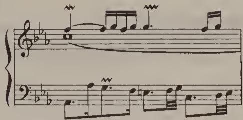 Ex. 16.42. French Overture, C minor version, BWV 831a, bars 8–9；If only one note (anticipation) follows the trill, care should be taken to ensure that it is not too long, and that the trill comes to a halt shortly before. A typical example of this occurs in bar 13 of the Praeludium of Partita No. 1 (Ex. 16.43), which one normally hears played as in Ex. 16.44. It does not sound very graceful and, furthermore, it differs from the similar embellishment in bar 18, which ends with a demisemiquaver. Thus I think it is much better to apply literally the rule quoted by C. P. E. Bach (see Ex. 16.45). $^{18}$ The additional suffix (here $d^{2}$ ) recommended by C. P. E. Bach can also be omitted, particularly when the anticipation takes place in a descending line; an example is in the last two bars of the Courante of Partita No. 2 in C minor (Ex. 16.46). $^{19}$ This execution with a suffix played later than notated is particularly important in ensemble playing, where the impression of rhythmic imprecision might otherwise arise, for instance in the last movement of the E major Sonata for violin and harpsichord, bar 91 (Ex. 16.47). Earlier in this