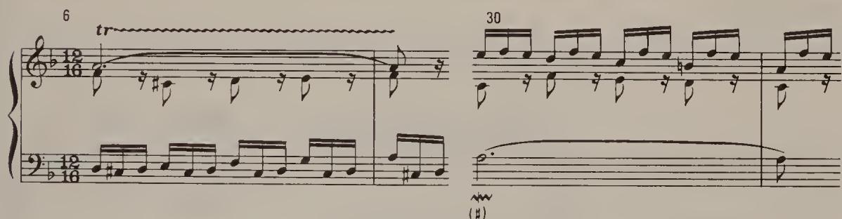 Ex. 17.3 English Suite No. 6, BWV 811, Gigue, bars 6–7, 30–1, after Kreutz edn., p. 7；( # )