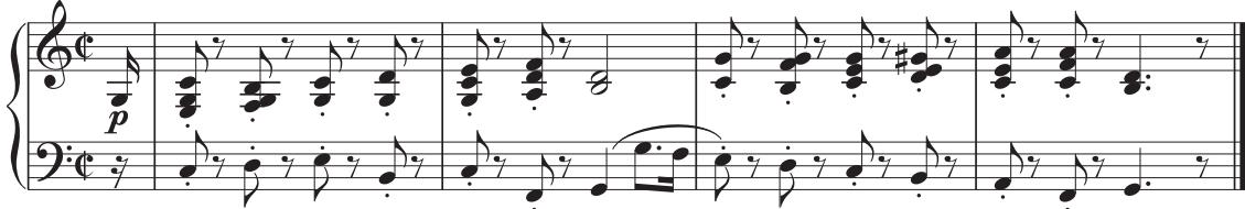 Example 17.11: the fi nal variation, featuring a fl owing sixteenth-note texture, ends at m. 84. Th ere follows a very brief coda, which returns to the original setting of the theme in detached, staccato eighth notes and which is set an octave higher than the opening (see Ex. 17.11b). Th e closing cadence is slightly expanded, with the fi nal fortissimo chord making one last reference to the numerous sforzando interruptions that Beethoven sprinkles throughout the theme (and the variations; see Ex. 17.11a, mm. 81–82).