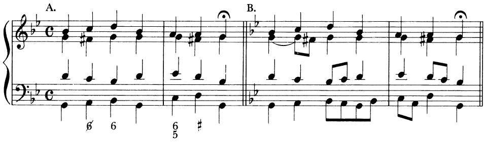 EXAMPLE 18-1 Note-against-note setting and its 2:1 elaboration