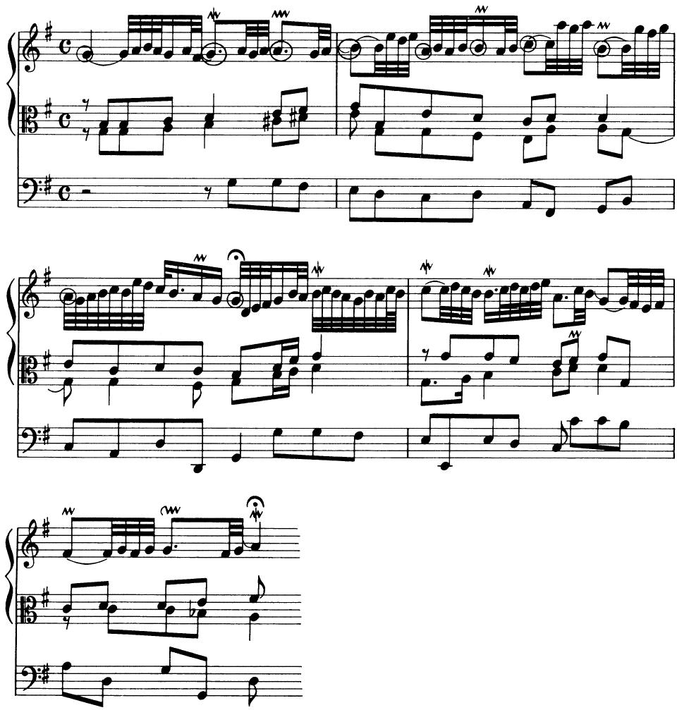 EXAMPLE 18-11；J. S. Bach: Wenn wir in höchsten Nöten sein (Orgelbüchlein)；The final compositional technique applied to chorale preludes, that of canon, finds its origins in previous centuries. In some cantus pieces of the Renaissance, the basic melody was set in canon with itself; see the Hosanna of Josquin&rsquo;s Missa L&rsquo;Homme arme (sexti toni). Baroque composers continued this tradition with the German chorale. At least one in six of the pieces in Bach&rsquo;s Orgelbüchlein employ this device. Gottes Sohn ist kommen (Ex. 18-12) employs a canon at the octave between soprano and tenor (in the pedal), although the interval of the fifth is also common. The counterpoint here is almost “species-like” in its rhythmic treatment. What is the problem in measure five and how does Bach solve it? The third variation of Bach&rsquo;s Vom Himmel hoch studies is an accompanied canon in three parts; the cho-
