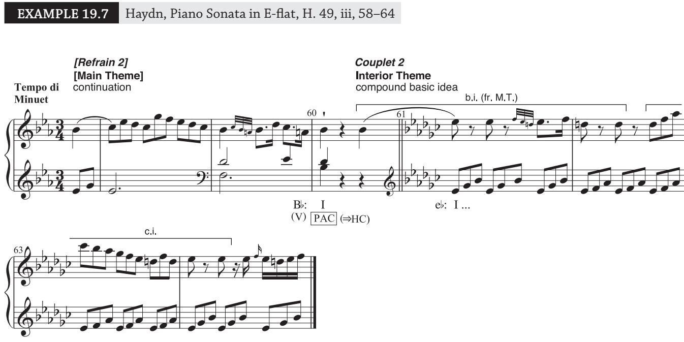 Example 19.7: the second refrain of this fi ve-part rondo is left incomplete because it consists only of its modulating A section (the complete refrain, a small ternary, was seen in Ex. 7.8). Although the fi nal cadence (m. 60) of the incomplete refrain 2 is initially understood as authentic in the new key of B-fl at, it can be heard as a reinterpreted HC in the home key of E-fl at when the second couplet, a minore , begins at m. 61.