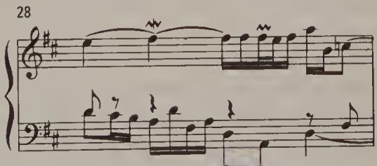 Ex. 19.2. Partita No. 4, BWV 828, Allemande, bar 28；1 &lsquo;&hellip; it would be wrong to play the mordent directly after the trill, for ornaments must never be crowded against each other&rsquo; (Essay, p. 131).