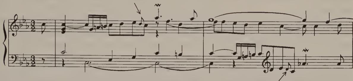 Ex. 19.41. Partita No. 2, BWV 826, Courante, bars 1–2, as in Bach&rsquo;s personal copy