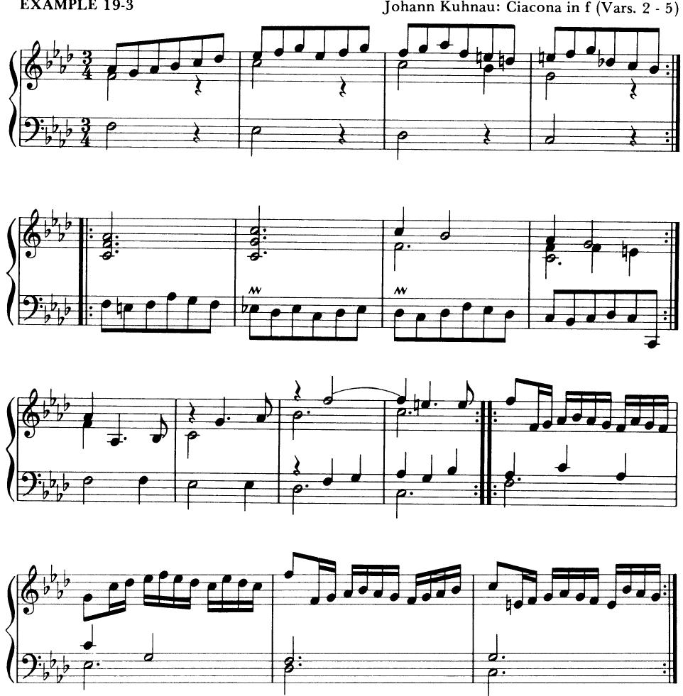 EXAMPLE 19-3；Johann Kuhnau: Ciacona in f (Vars. 2 - 5)