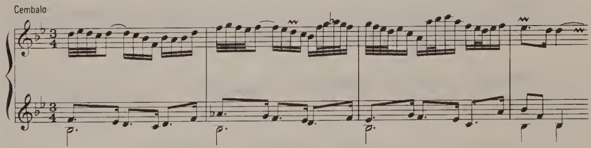 Ex. 20.19；Does this mean that we should not consider the notated form to be the only possible one? Yes and no. On the one hand, by choosing this version and no other, Bach decided once and for all in favour of a certain harmonic and melodic shape. It is astonishing that he ‘only’ made use of such a monumental idea in a modest keyboard work. On the other hand, even the notated ornamented version can serve as a starting-point for further discreet embellishment. This is the case when, in the repeat, one plays ‘varied repetitions’ of the melody, though these must not depart too much from the