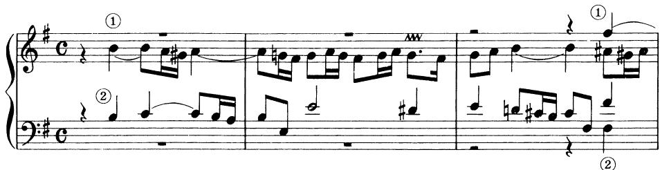 EXAMPLE 20-7 Double-fugue exposition from Bach&rsquo;s Toccata No. 5 in e BWV 915