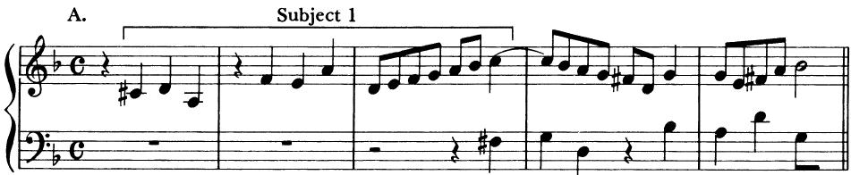 EXAMPLE 20-10 Subjects 1 and 2 and their combination in Bach&rsquo;s Contrapunctus X (Die Kunst der Fuge)