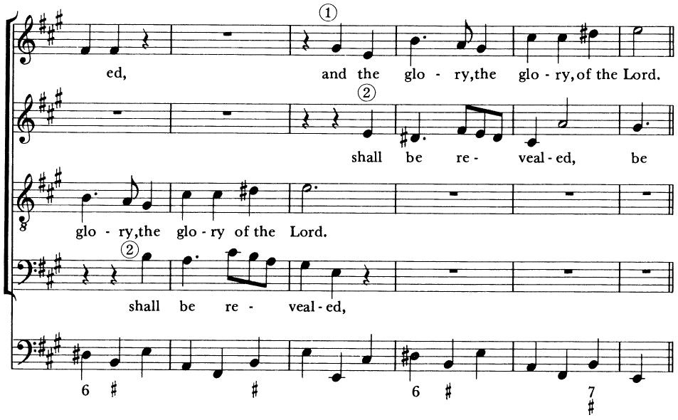 The next section (measures 43–72) introduces the final two phrases. Following the entries of ③ in the alto and tenor, the sustained ④ is placed in juxtaposition against ③; see Exs. 21-4A and 4B. Both are then inverted texturally.