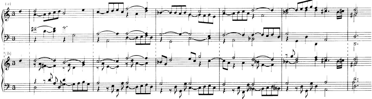 Ex.11 Frescobaldi, Corrente seconda, from Il secondo libro di toccate (Rome, 1627, 2/1637), bars 8–13: (a) simple version; (b) spezzato version