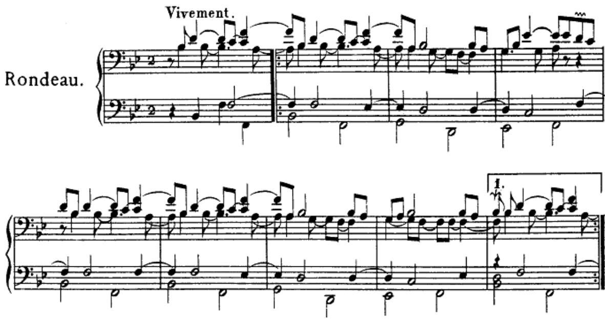 Example 4.22 François Couperin: “Rondeau” from Ordre No.6, “Les Baricades Mistérieuses.”114；Les Baricades Mistérieuses.；As we have seen, the suite and its various components existed well before their incorporation into keyboard music, and their roots are wide-ranging, coming from as far away as Latin America. The dances we have discussed here are among those most commonly found in keyboard suites of the $1 7 ^ { \mathrm { t h } }$ and $1 8 ^ { \mathrm { t h } }$ Centuries. My next step is to address the keyboard suite as it developed in France, England, and Germany.