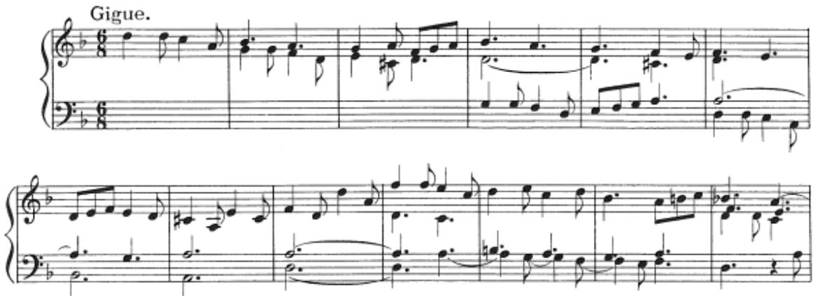 Example 7.2 Froberger: “Gigue” appended to the end of Suite No. 2. It is interesting to note that Froberger’s first known incorporation of a gigue into a suite places it at the end. His later suites have the gigue between the allemande and the courante.174