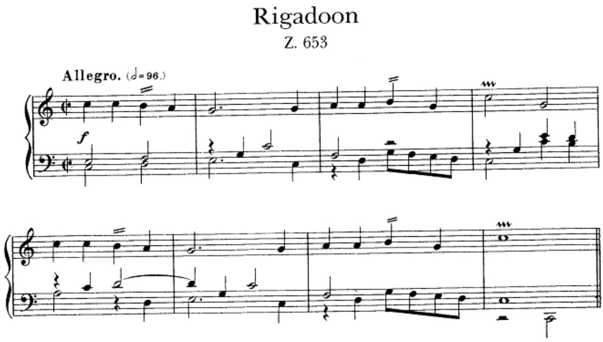 Example 4.20 Purcell: “Rigadoon” from Musick’s Hand-Maid.110；Other keyboard composers who wrote rigaudons were La Guerre, Daquin, Fischer, Pachelbel, François Couperin, and Rameau:
