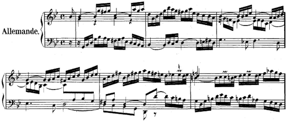 The French courante is used in all of the English Suites and two of the French Suites (Nos. 1 and 3). This style typically uses a compound meter as well as a