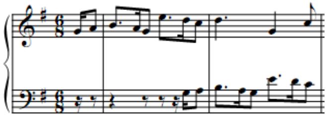 Example 4.7 Fischer: Opening measures of the “Gigue” from Calliope Suite in Musicalischer Parnassus followed by the opening measures of the second section from the same gigue. Notice the use of inversion between the first and second sections.69