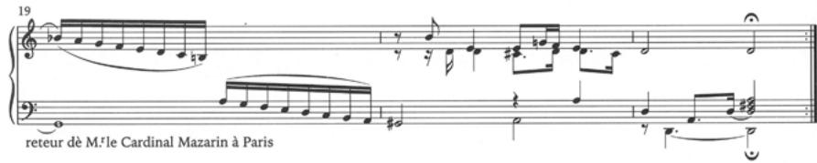 Notenbeispiel 1: Froberger, Gigue FbWV 613/IV, T. 12–19 (Wollny 2004, S. 16*)
