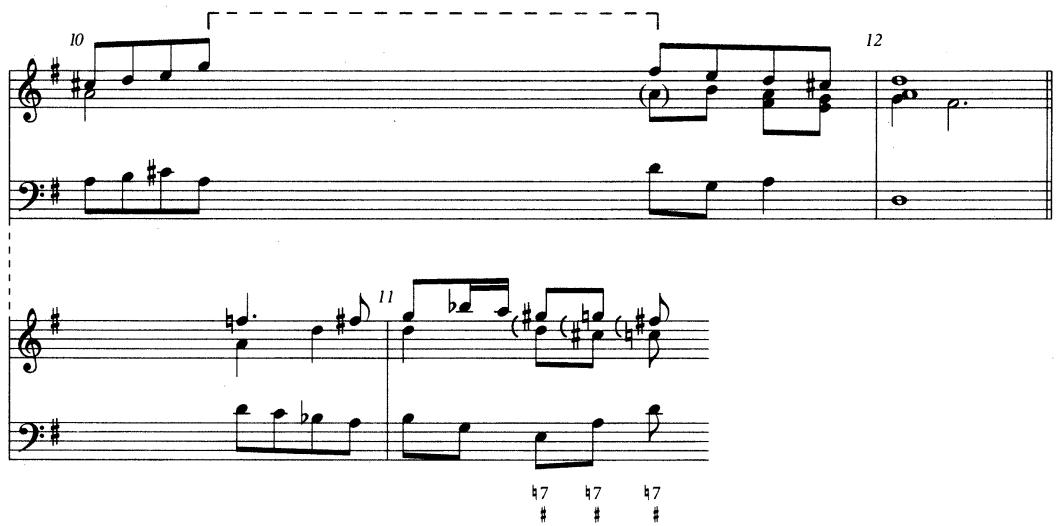 Example 2.4 Voice-leading in BWV 816/1, mm. 10–12