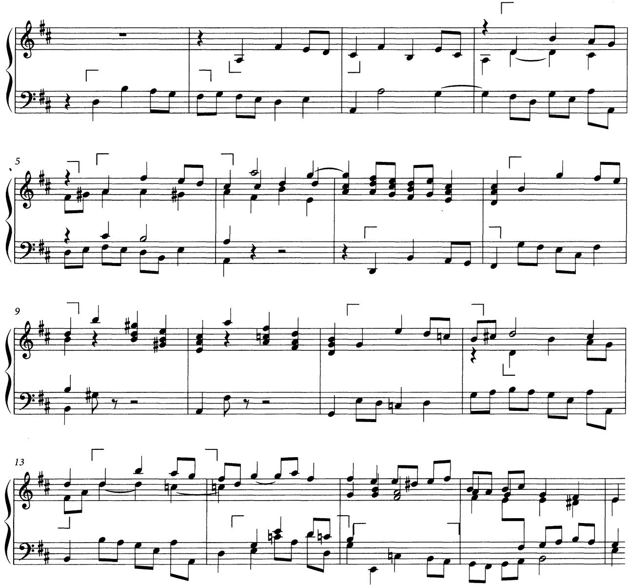 Example 5.4 D major Fugue, WTC I/5, devoid of its “style,” mm. 1–17