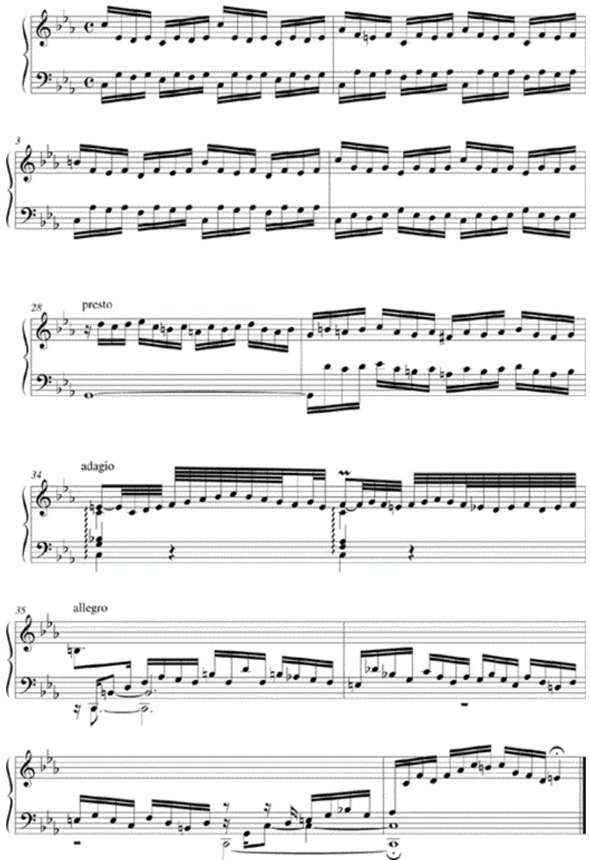 Example 2-2. Bach, Prelude in C Minor, Well-Tempered Clavier, vol. 1, mm. 1–4, beginning of Presto (mm. 28–29), and Adagio to the end (mm. 34–38).