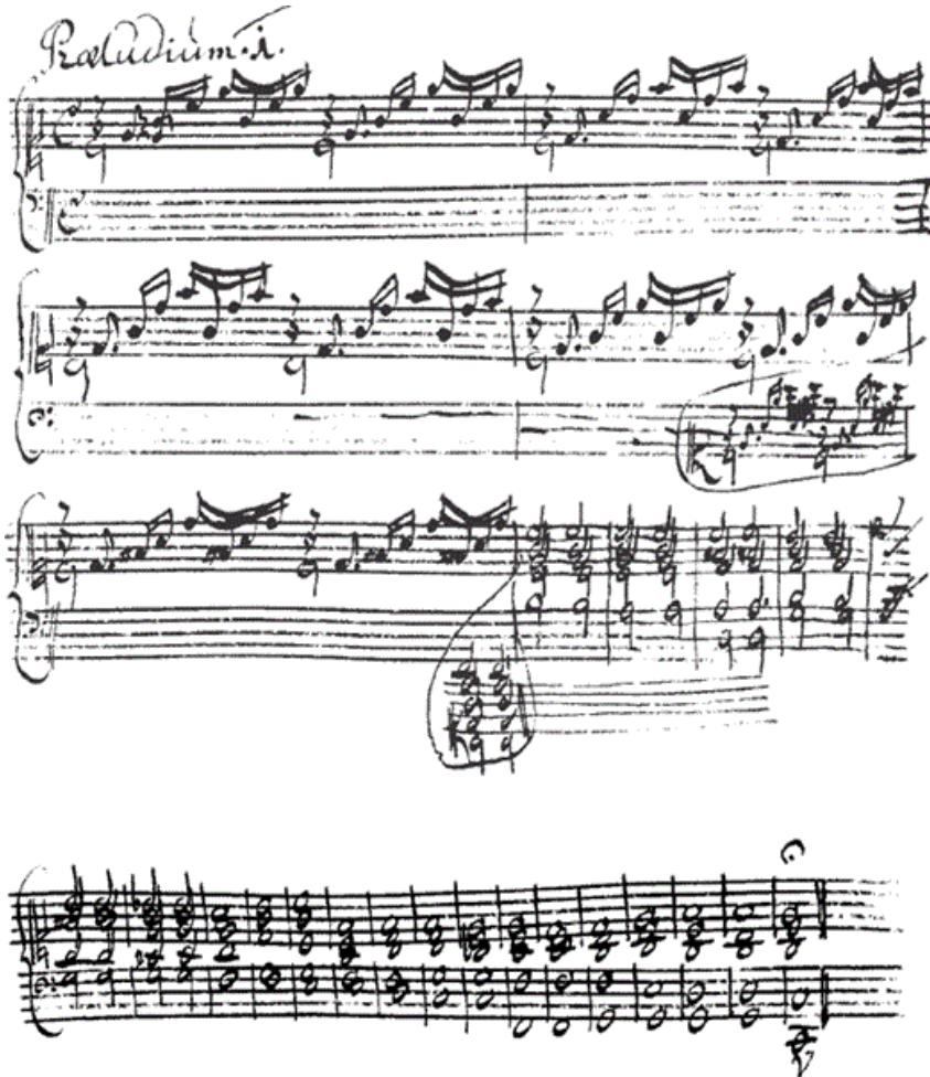 Figure 2-1. An earlier version of the Prelude in C Major from the Well-Tempered Clavier, as it appears in the Clavierbüchlein vor Wilhelm Friedemann Bach. The right-hand part is written in the soprano clef (as was the standard practice at the time). Some harmonies in this version dier from those in the Well-Tempered Clavier, and the rhythmic notation of the le-hand part diers from that of the final version