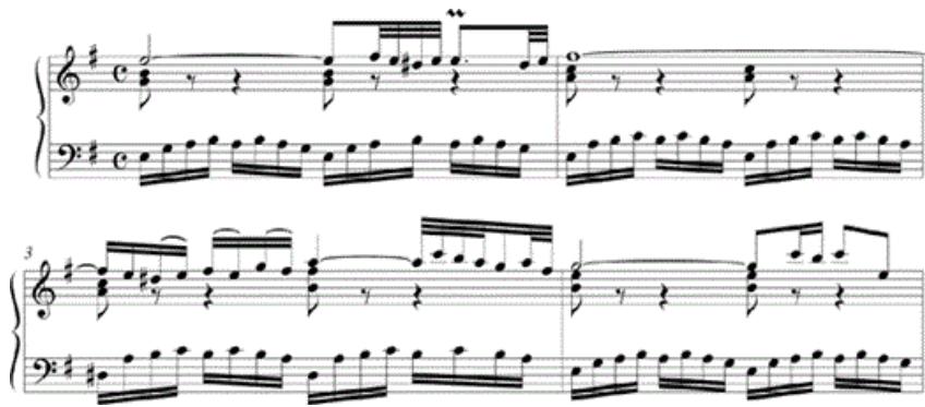 Example 2-6. Bach, Prelude in E Minor, Well-Tempered Clavier, vol. 1, mm. 1–4.