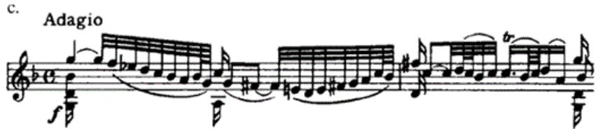Example 2-8. Adagio from the Sonata in G Minor, mm. 1–2: (a) Joachim and Moser edition (1908); (b) Leopold Auer edition (1917); (c) Flesch edition (1930).