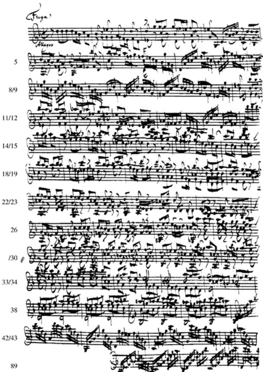 Figure 3-1. J. S. Bach, Sonata in G Minor for Violin Solo, Fuga, autograph score (measure numbers added on le).