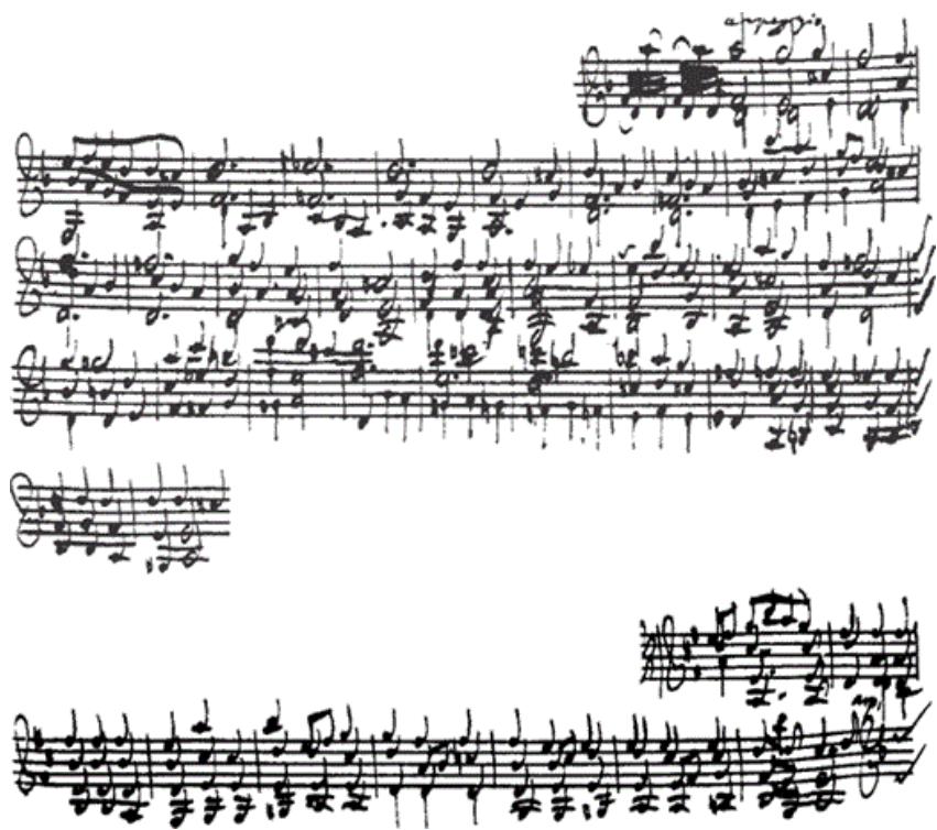 Figure 3-2. Bach, Partita in D Minor for Violin Solo, Chaconne, autograph score: (top) mm. 89–121; (bottom) mm. 200–208.