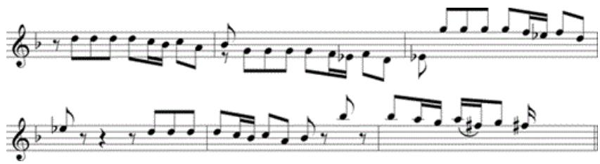 Example 3-13. Bach, Sonata in G Minor, Fuga, mm. 1–6, subject entries.