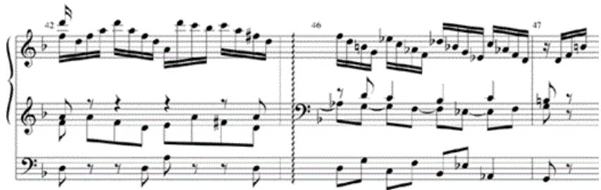 Example 3-14. Bach, Sonata in G Minor, Fuga, organ arrangement of mm. 42 and 46–47 (transposed up a fourth).