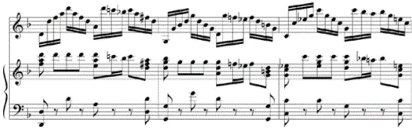 Example 3-17. Robert Schumann, Piano Accompaniment to Bach G-minor Sonata, Fuga, mm. 42–44.