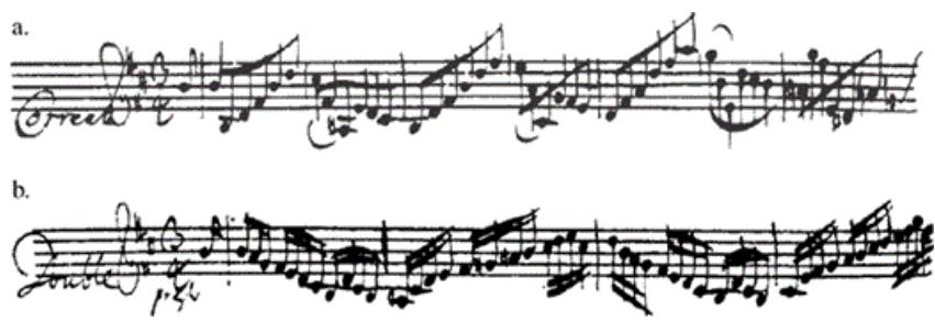 Figure 5-4. Bach, Partita in B Minor for Violin Solo, autograph score: (top) Corrente, mm. 1–7; (bottom) Double of the Corrente, mm. 1–4.