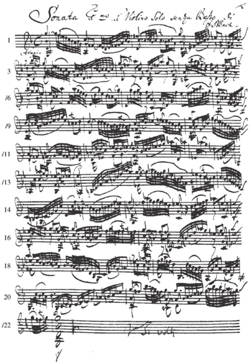 Figure 1-1. Bach, Sonata in G Minor, Adagio, autograph score (measure numbers added on le).