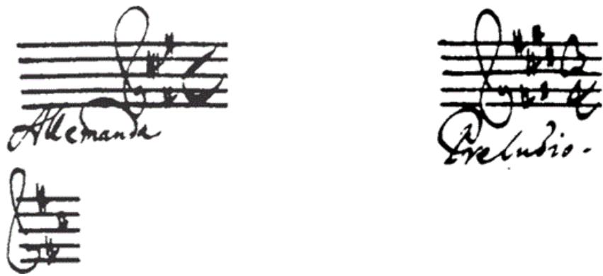 Figure 1-3. Bachʼs key signatures with sharps: (le) Partita in B Minor for Violin Solo, Allemande, first two signatures, (right) Partita in E Major, Preludio, first signature.
