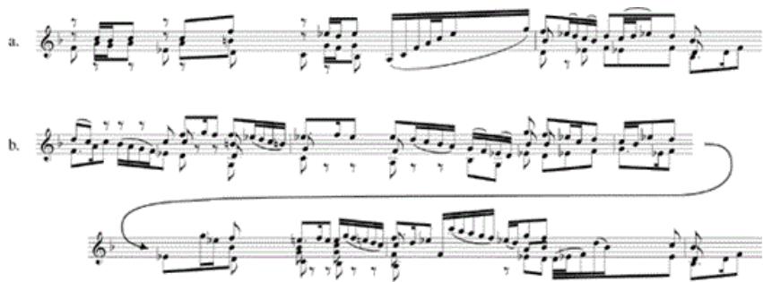 Example 4-8. Bach, Sonata in G Minor, Siciliana: (a) mm. 3–4; (b) mm. 15–19.