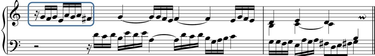 c) Froberger: Libro secondo, Toccata III, b. 6-7；Example 5a-c. Neighbour note-skip patterns