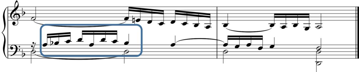 c) Rossi, Toccata ottava, bb. 62-3；Example 6a-c. Ascending and descending scale segments separated by a skip