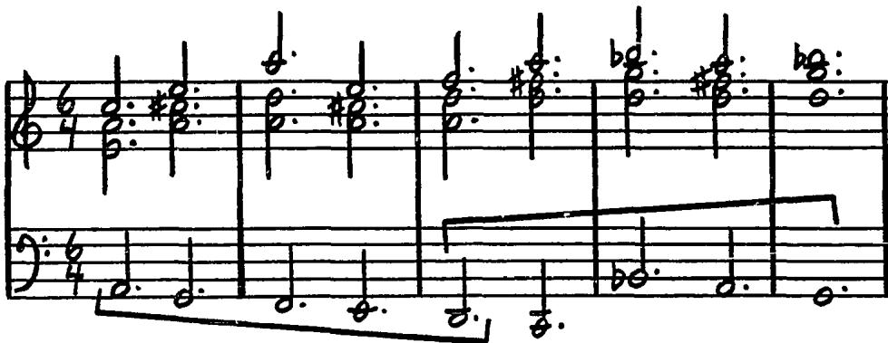 Example 3. Chordal reduction of mm. 35-39 in the first D-minor &ldquo;Gigue,&rdquo; Pieces de Clavecin (1707).