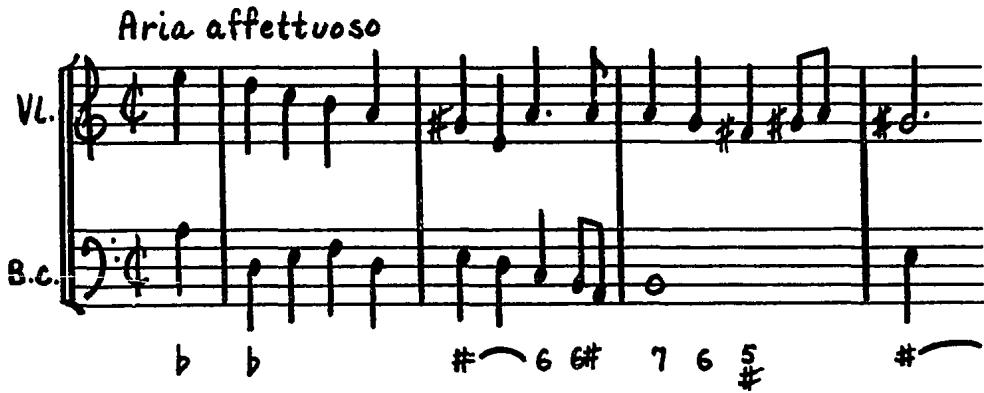 A few melodies, like the one in example 18, are marked by peculiar turns that reflect La Guerre&rsquo;s love of major-minor colorings:；Example 18. Solo Sonata II (MS), Movement 5, mm. 1-4.
