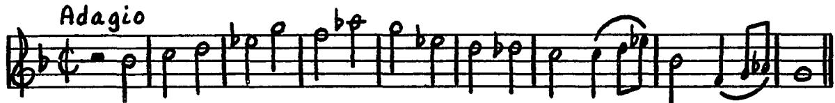 While La Guerre normally builds upon short melodic ideas suited to motivic interplay and contrapuntal development, she sometimes incorporates long melodies of great lyrical and expressive beauty, as illustrated in example 19:；Example 19. Trio IV (MS), Movement 5, Violin I (complete).；This type of melody is seldom subjected to elaboration but is featured, instead, as an interlude between extended fast movements.；Although the melodic materials of the sonata movements are gener-