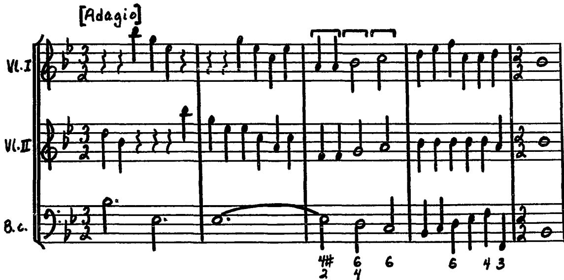 Example 24. Trio I (MS), Movement 3, mm. 40-44.；In two other movements—the fourth of Trio II and the third of Trio III—La Guerre also uses hemiolas but infrequently, primarily at cadences. The following excerpt from the second of these movements (example 25) shows how she heightens rhythmic interest by introducing immediately before the hemiola a similar metric conflict between violins and bass: