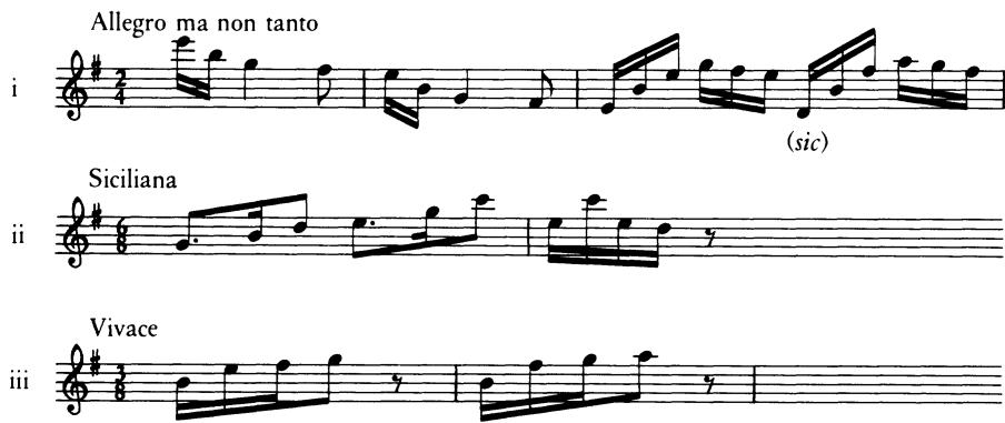 Gotthold collection, formerly in Königsberg (since access to this collection was not possible for the present study, only the incipits quoted in Beurmann&rsquo;s appendix could be consulted). The initial melody of the G major movement, a siciliana, can be found, transposed to F major, at the beginning of the middle movement of a sonata attributed to Friedemann Bach in D-BRD-B Mus. ms.