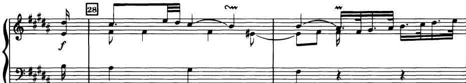 Example 3. C. P. E. Bach, Embellishments to the Sonata in B Minor, Wq 49/6/ii (Adagio non molto), measures 28-29 (D-ddr-Bds: P 1135)