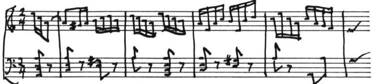 Ex. 3. BWV 827, Partita III, Scherzo, meas. 1-4 and 28-30 (see also 12-16): detached chords