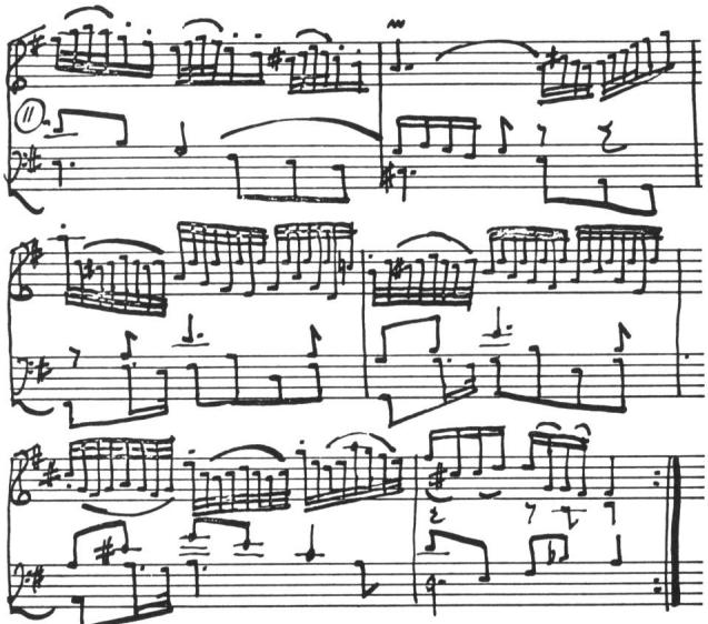 Ex. 10. BWV 988, Goldberg Variations, Var. 13, meas. 11-16 (see also 21-24, 29-32): detached notes marked by dots intermingled with slurs