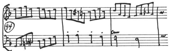 Ex. 11. BWV 971, Italian Concerto, Presto, meas. 94-96: repeated notes marked with dots；Ex. 12. BWV 831, French Overture, Ouverture, meas. 15-16 (see also 1-20 and 144-162): detached dotted rhythms