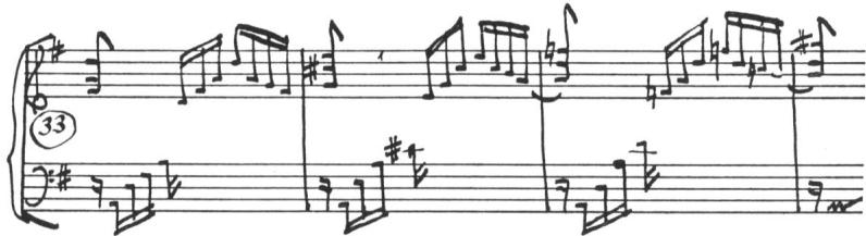 Ex. 14. BWV 827, Partita V. Praeambulum, meas. 33-36; upbeat tied into following downbeat for smoothness of voice-leading；Ex. 15. BWV 827, Partita III, Burlesca, meas. 5-7 and 21-23