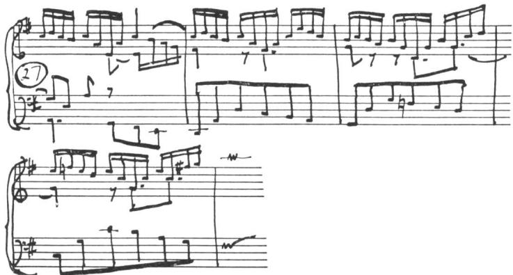 Ex. 20. BWV 988, Goldberg Variations, Aria, meas. 27-30: sustained line realized from faster movement by holding notes down