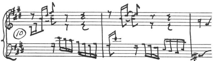 Ex. 23. BWV 817, French Suite VI, Courante, meas. 10-11 (see also 16, 18, 32): semi-arpeggios sustained by overlapping
